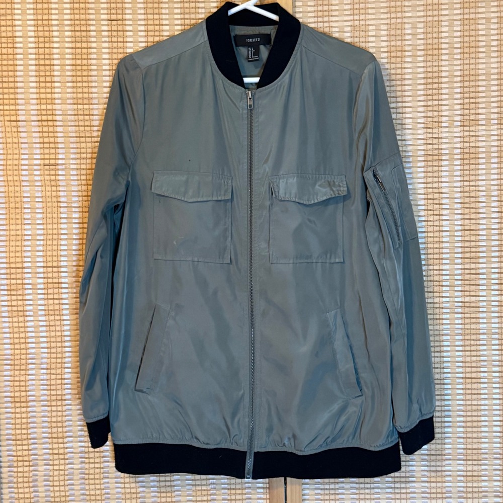 Forever 21 Mens‎ Bomber Jacket Gray Olive Full Zip Utility Flight Jacket Large